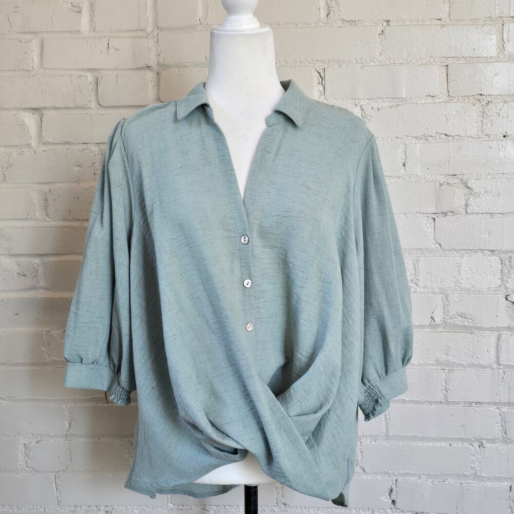 Status by Chenault Sage Green Linen Blend Blouse┃Coastal, Cottagecore, Old Money